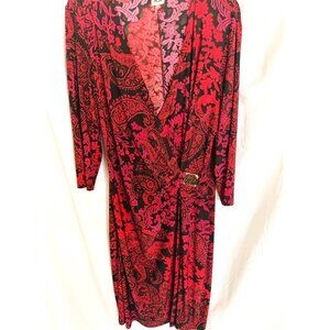 Anne Klein Red & Black Paisley Cross Front Dress w/AK Clasp, Size 16.